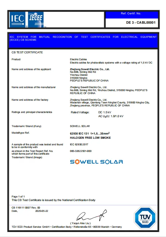 SOWELLSOLAR fotovoltiniai kabeliai gauna TÜV SÜD IECEE-CB sertifikavimo pripažinimą